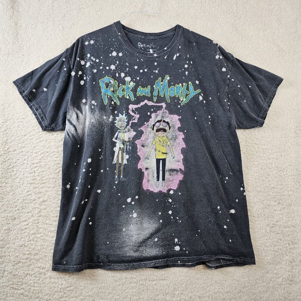 Rick And Morty TShirt Womens 1X Black Bleached Cartoon Getting Zapped Adult Swim